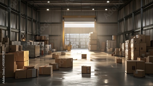 A large warehouse with an open door and cardboard boxes scattered on the floor. The sun is shining through the open door, illuminating the dust particles in the air.
