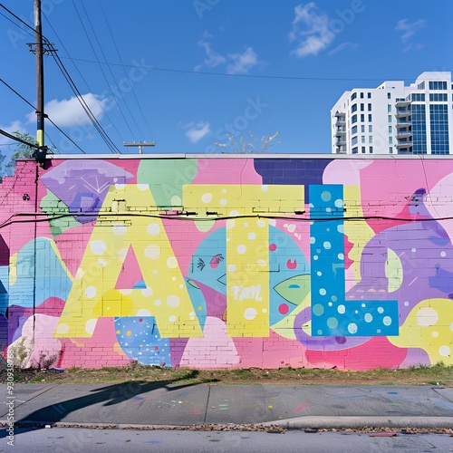 A vibrant mural featuring the word 