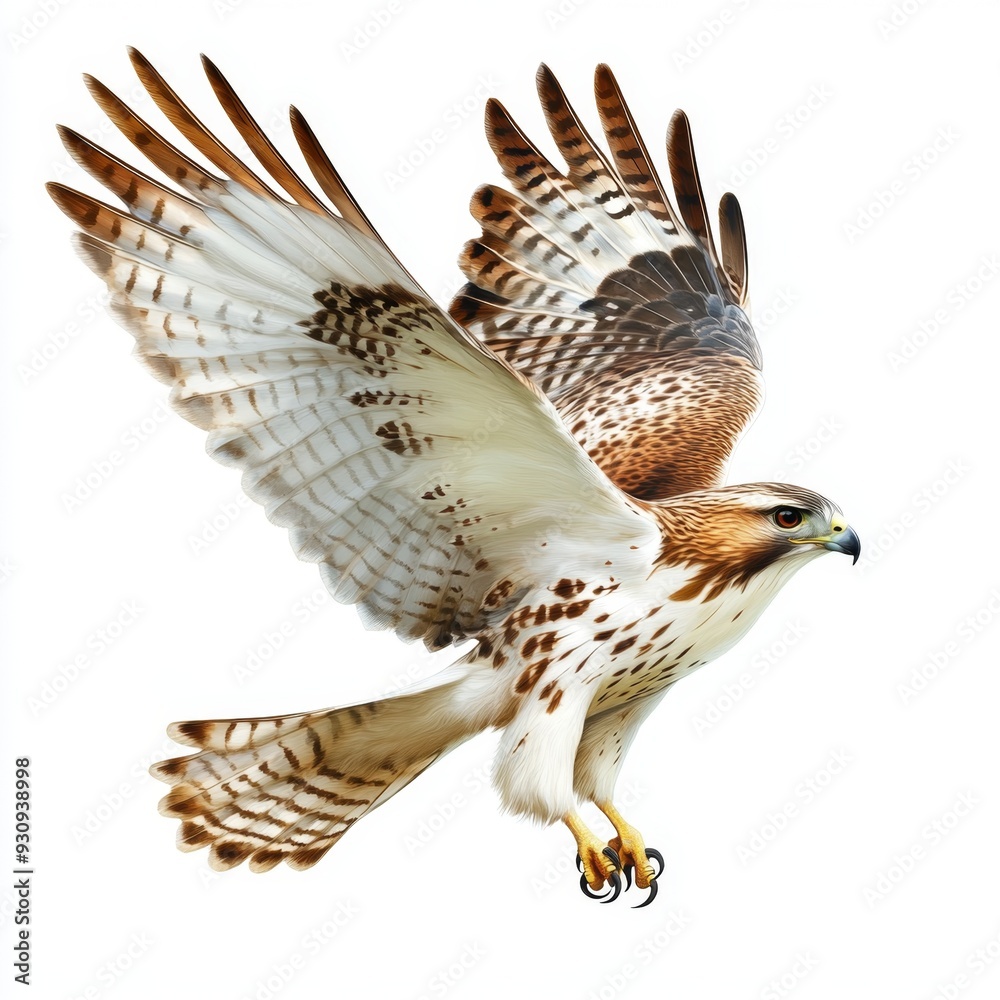 Majestic Hawk Ready to Soar - Photorealistic Feather Detail on White Background Majestic Hawk Ready to Soar - Photorealistic Feather Detail on White Background
