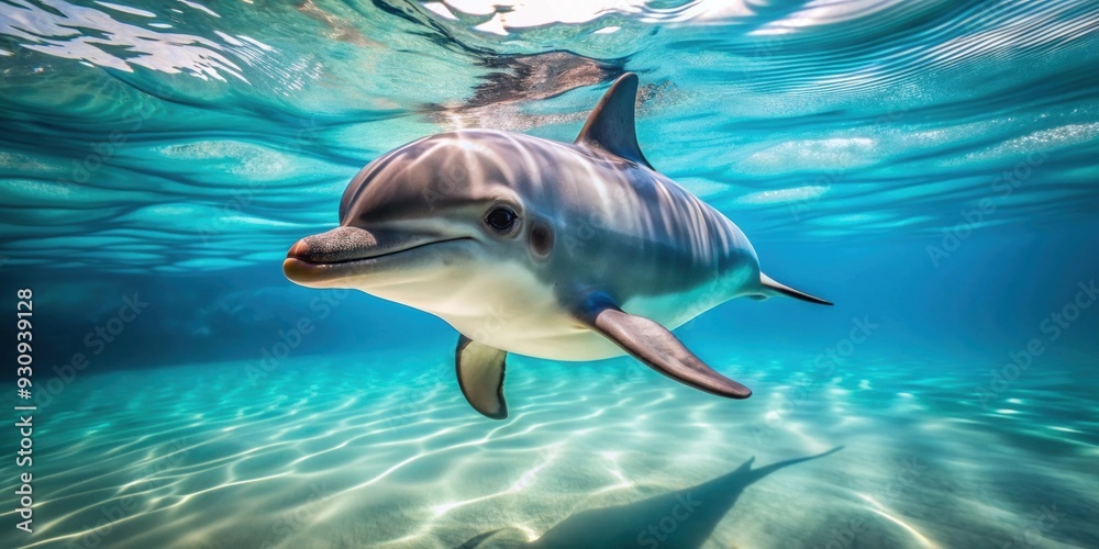 Obraz premium Baby dolphin swimming playfully in the ocean , baby, dolphin, marine, wildlife, underwater, playful, cute, mammal, sea, water, young