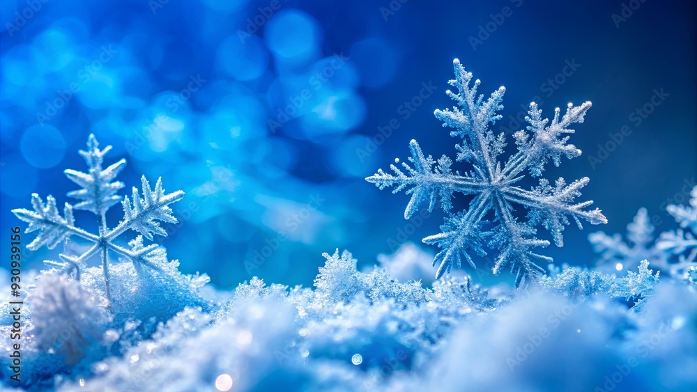 Close-up of intricate snow crystals against a vibrant blue background, snow, crystals, macro, photography, winter, cold