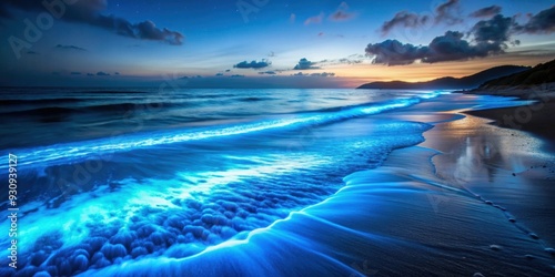 Bioluminescent waves gently illuminating a beach at night, bioluminescent, waves, beach, night, ocean