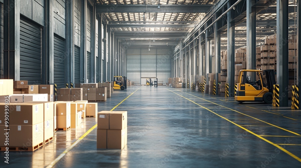 A spacious warehouse with two yellow forklifts, one in the foreground and one in the distance, and stacked cardboard boxes along the walls. A spacious warehouse with two yellow forklifts, one in the foreground and one in the distance, and stacked cardboard boxes along the walls.