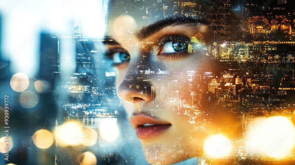 A close-up of a woman's face, featuring vibrant city lights reflected in her striking blue eyes, capturing urban beauty and mystery. A close-up of a woman's face, featuring vibrant city lights reflected in her striking blue eyes, capturing urban beauty and mystery.