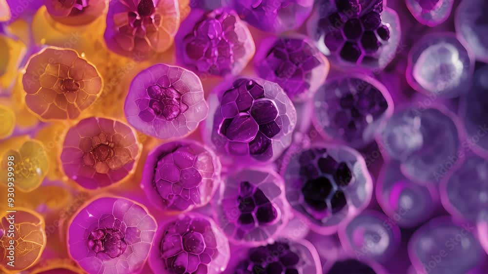 A stained microscopic image of a tissue sample showcasing the variation in gene expression due to the presence of exons and introns in different cells. A stained microscopic image of a tissue sample showcasing the variation in gene expression due to the presence of exons and introns in different cells.