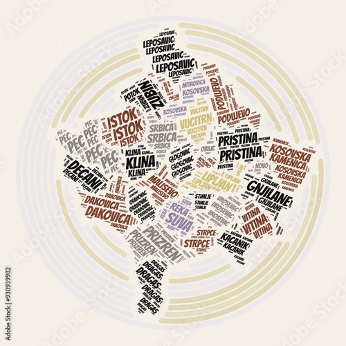 Kosovo round poster in a typography style, featuring a word cloud of regions in Kosovo. The design has a vintage aesthetic with a scratch texture.