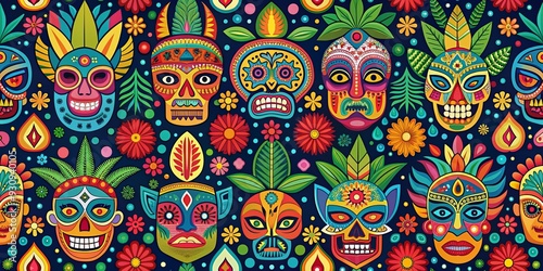 Vibrant and colorful pattern with traditional Mexican folk art elements like tiki masks , Mexican, Folk art, Tiki masks