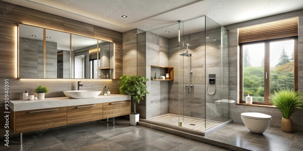 Modern bathroom interior with large mirror and walk-in shower, modern, bathroom, interior, large, mirror, walk-in Modern bathroom interior with large mirror and walk-in shower, modern, bathroom, interior, large, mirror, walk-in