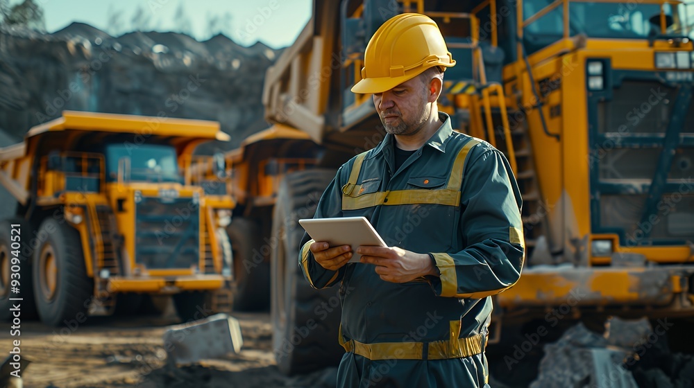 Construction worker using a tablet in front of two large dump trucks in a quarry. Construction worker using a tablet in front of two large dump trucks in a quarry.