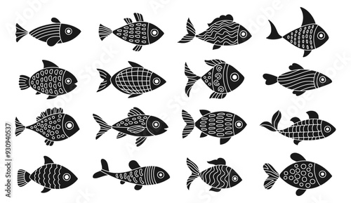 Sea fish abstract cartoon monochrome set. Stylized Scandinavian fish with ornament. Childish exotic design abstract naive art. Tuna salmon or aquarium fishes. Flat design isolated vector illustration