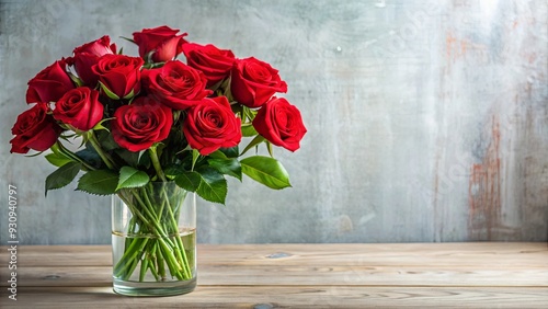 Fototapeta Naklejka Na Ścianę i Meble -  Beautiful bouquet of red roses in a elegant glass vase , flowers, roses, bouquet, red, vase, petals, romantic, love