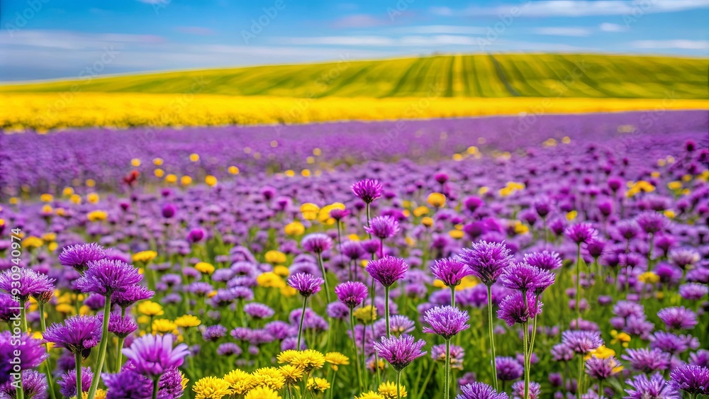 Fototapeta premium Field of purple flowers with patch of yellow flowers in distance, purple, flowers, field, nature, yellow, patch, colorful