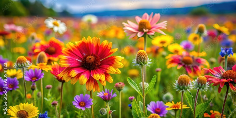 Vibrant and colorful close-up shot of a bunch of wildflowers in a green field, colorful, vibrant, bold, nature, flowers Vibrant and colorful close-up shot of a bunch of wildflowers in a green field, colorful, vibrant, bold, nature, flowers