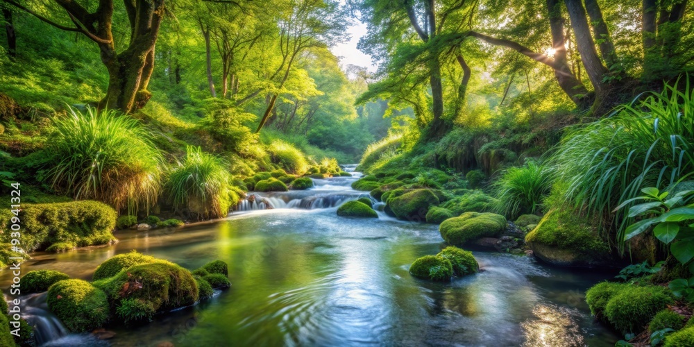 Detailed image of a spring stream in the wilderness, surrounded by lush plants , nature, spring, stream, water, plants Detailed image of a spring stream in the wilderness, surrounded by lush plants , nature, spring, stream, water, plants