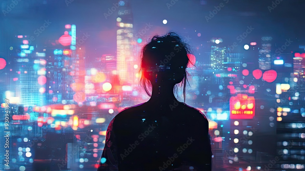 Fototapeta premium Silhouette of a woman against a vibrant city skyline, showcasing colorful lights and an urban atmosphere at night.