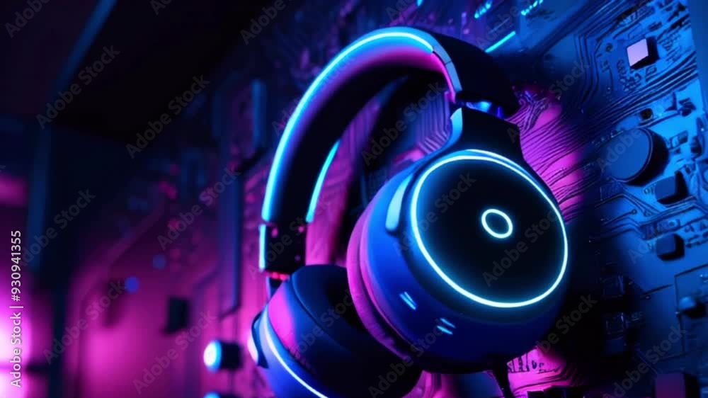 Blue and purple neon headphones in a dark room.