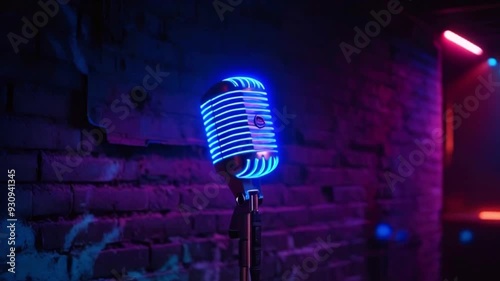 Vintage microphone with neon blue light on a brick wall background.