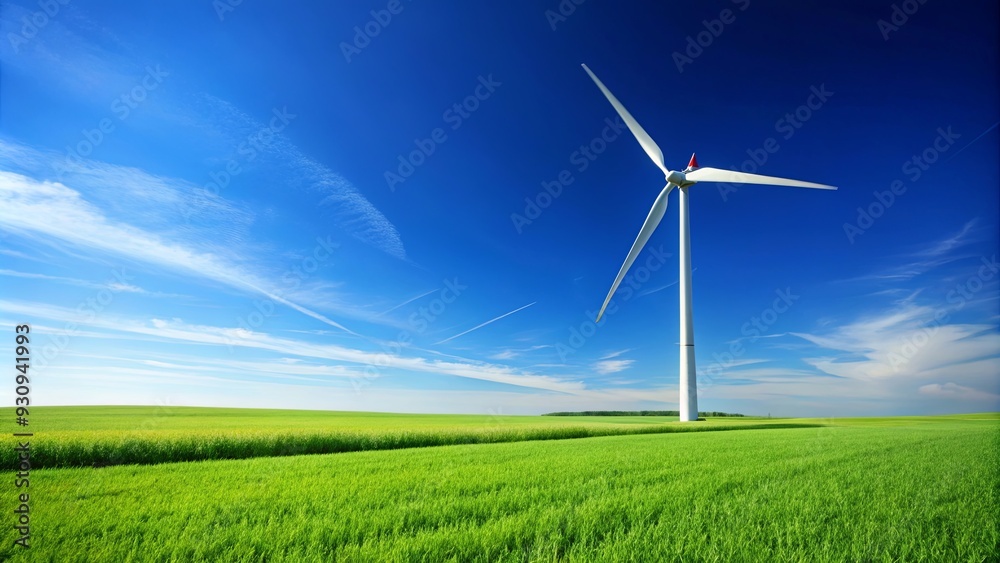 Wind turbine standing tall in a green field with clear blue skies , renewable energy Wind turbine standing tall in a green field with clear blue skies , renewable energy