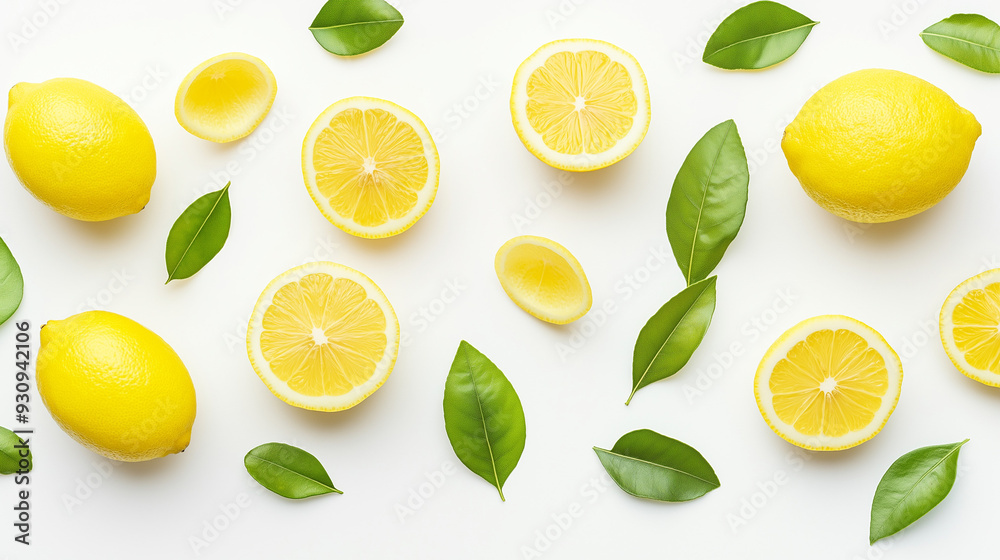 Fresh raw whole and sliced lemons with green leaves falling in the air isolated on white background. Fresh raw whole and sliced lemons with green leaves falling in the air isolated on white background.