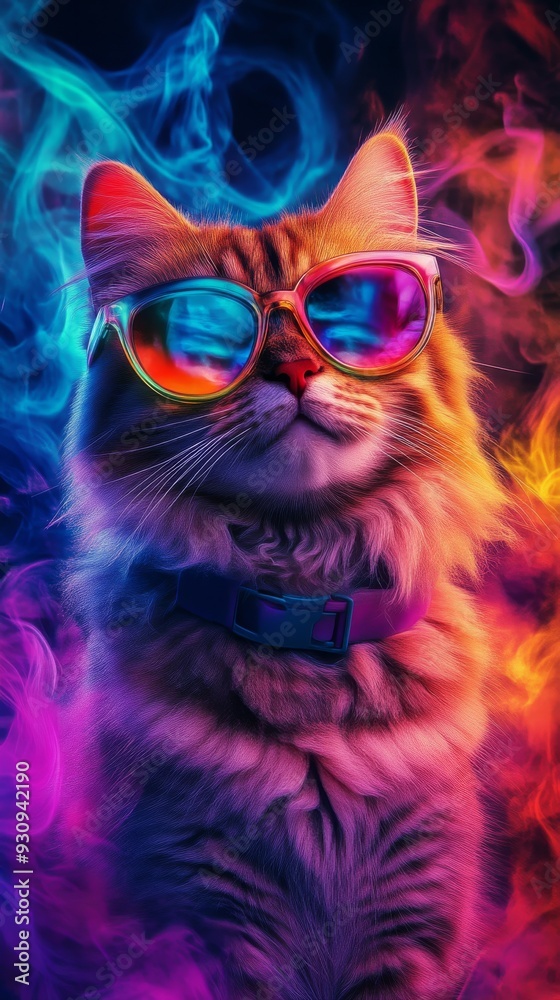 Fototapeta premium Cat wearing sunglasses with colorful smoke