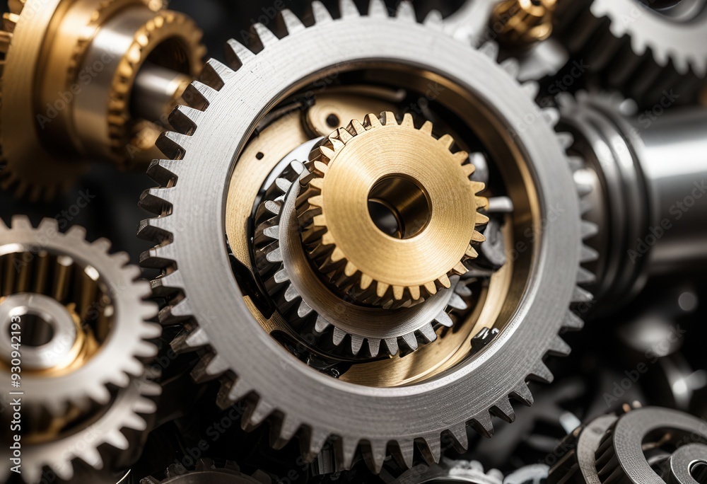 a macro shot of precision-engineered metallic gears and cogs within a machine, highlighting the complexity and craftsmanship a macro shot of precision-engineered metallic gears and cogs within a machine, highlighting the complexity and craftsmanship