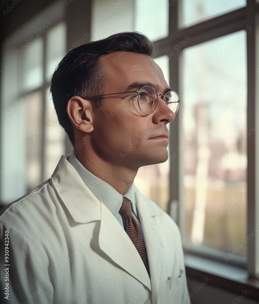 A close-up of a 1960s doctor in a white coat in a vintage hospital room. Doctor in a setting that includes old medical equipment and pastel-colored walls typical of the era. A close-up of a 1960s doctor in a white coat in a vintage hospital room. Doctor in a setting that includes old medical equipment and pastel-colored walls typical of the era.