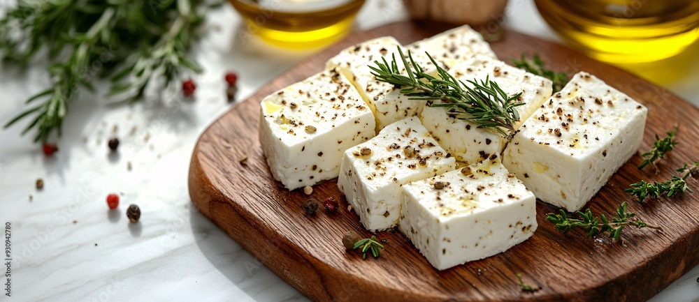 Tasty white feta cheese and herbs rosemary on cutting board in table at kitchen. Tasty white feta cheese and herbs rosemary on cutting board in table at kitchen.