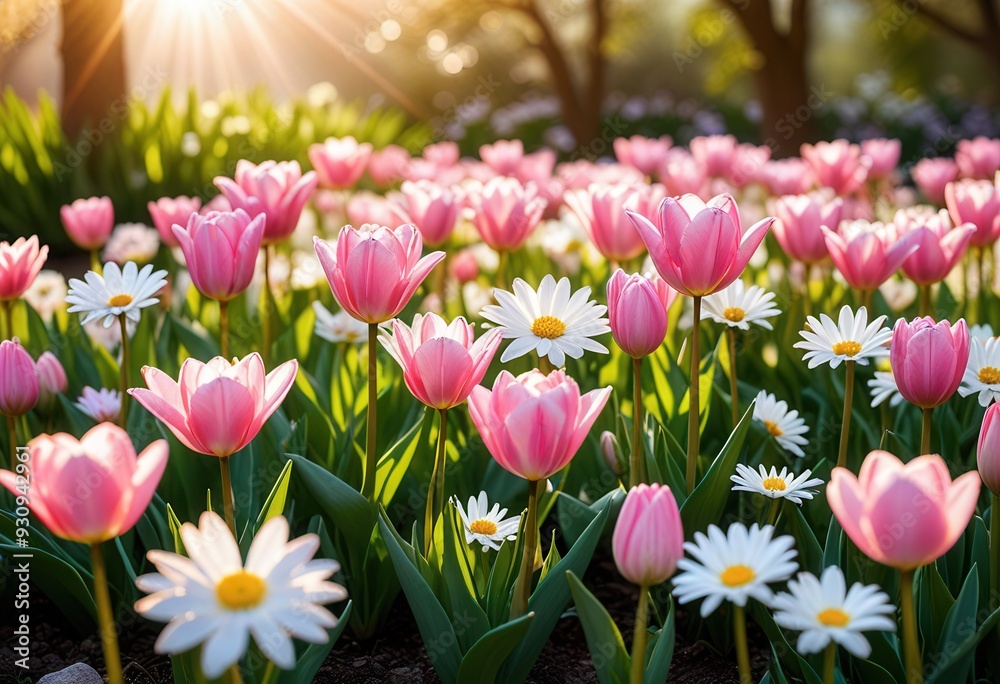 Obraz premium a picturesque display of fresh pink tulips and cheerful white daisies flourishing under the radiant glow of morning sunlight, with a soft-focus background that enhances the flowers’ vivid colors.