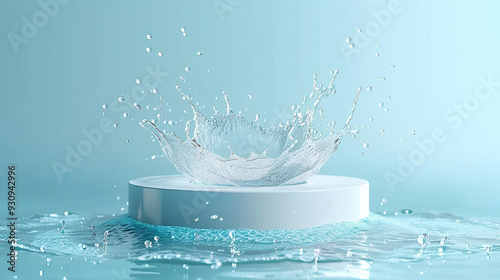 Podium with water splashing in blue background
