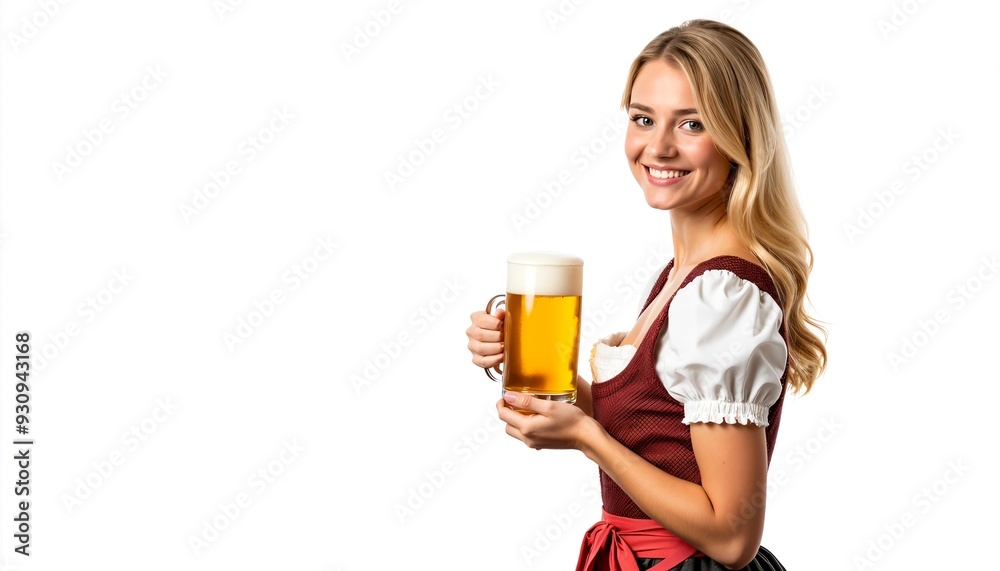 Beautiful waitress smiling beer mug drindl dress oktoberfest festival white background Beautiful waitress smiling beer mug drindl dress oktoberfest festival white background