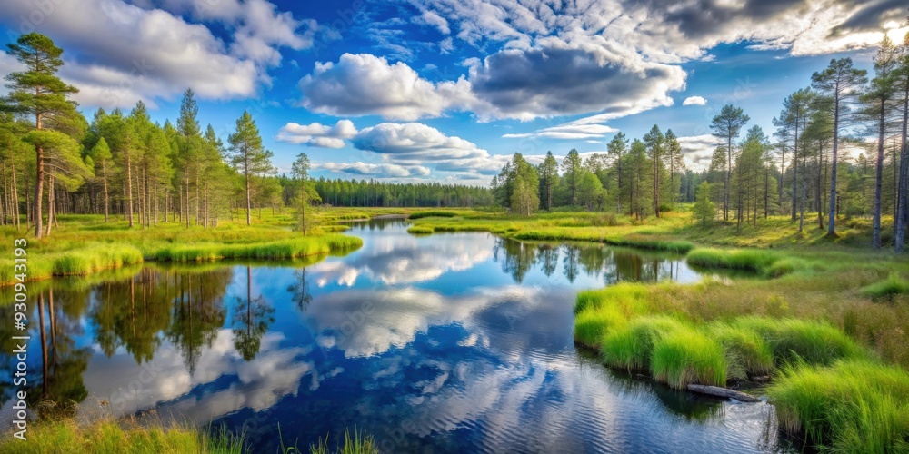 Fototapeta premium Beautiful summer day in Finland, with a lush swamp in northern Europe , tranquil, scenic, beautiful, nature, Finnish