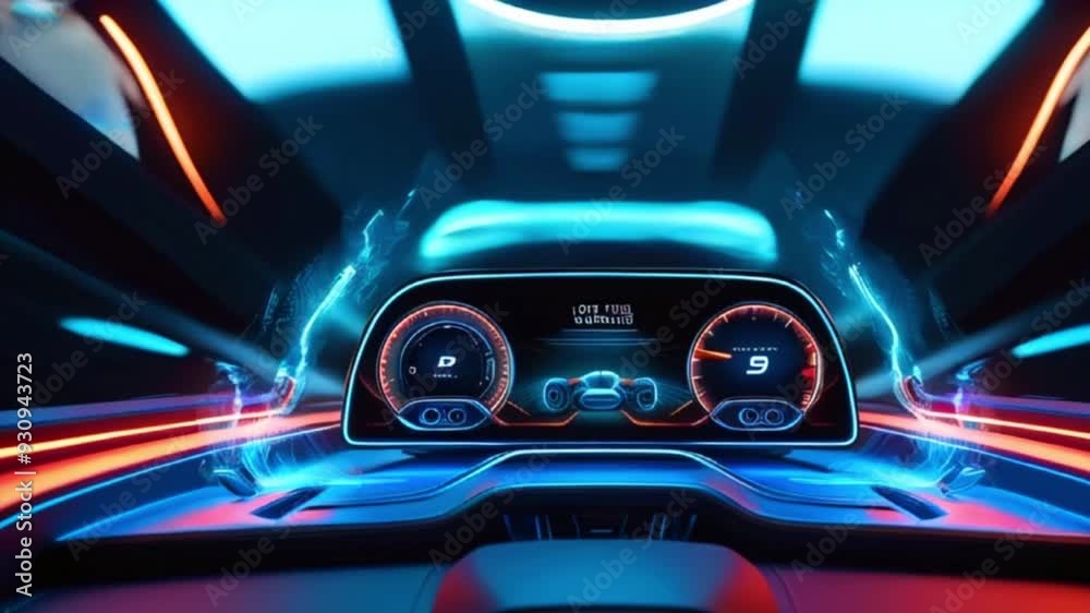 Futuristic car interior with blue and red lights, a digital display and a speed gauge showing nine. Futuristic car interior with blue and red lights, a digital display and a speed gauge showing nine.