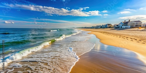 Scenic view of empty Manasquan Beach on a sunny summer morning, Manasquan Beach, New Jersey, ocean, sand, shore, waves photo