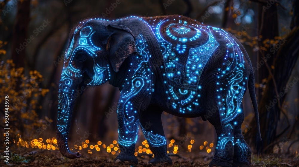 Fototapeta premium Bioluminescent Tribal Tattoos Illuminate Majestic Elephant in Dark Forest