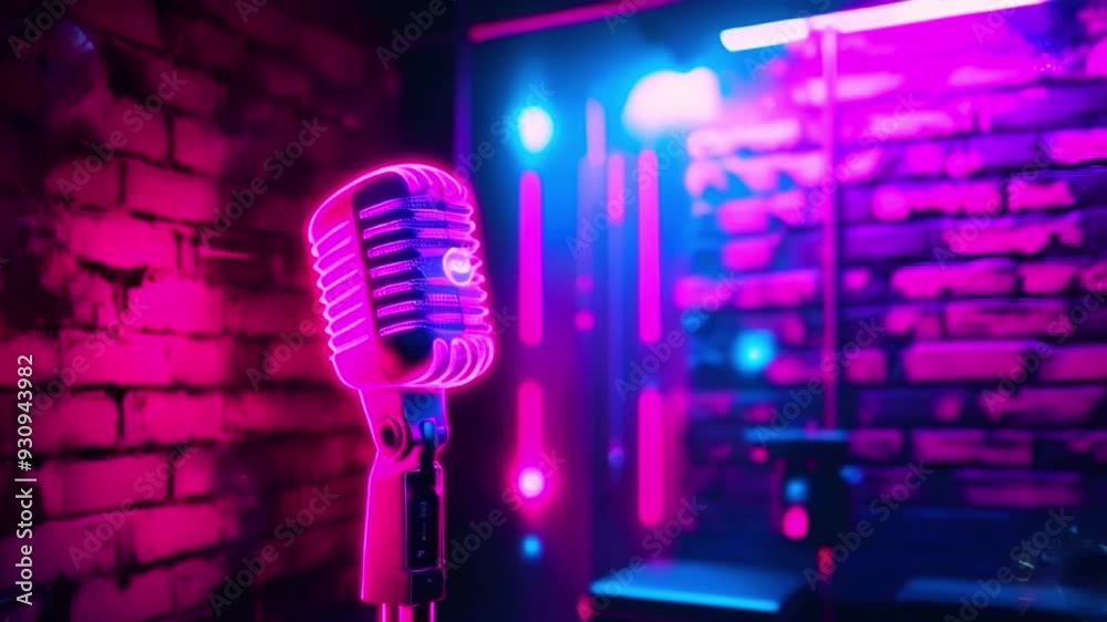 Close-up of a vintage microphone illuminated by vibrant pink and blue neon lights against a brick wall background.