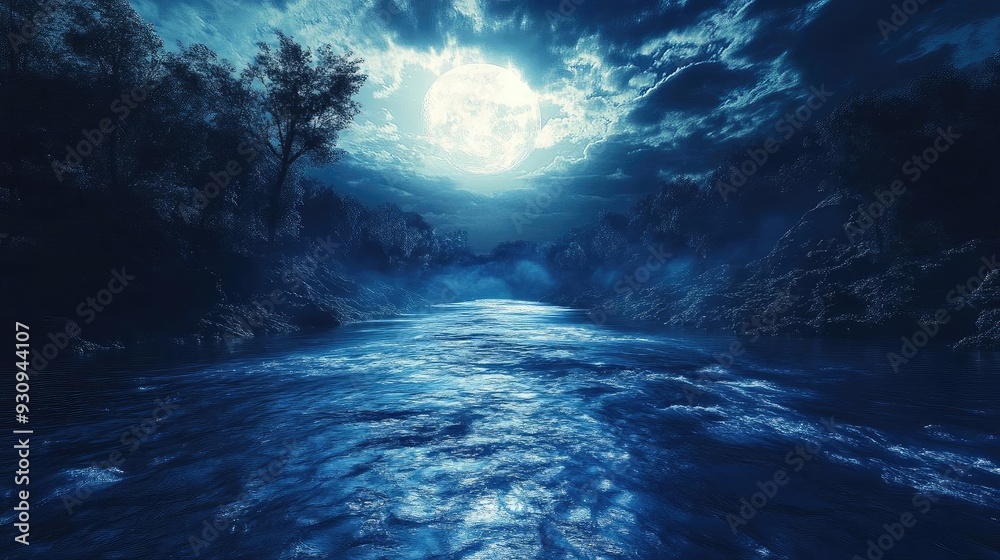 Fototapeta premium Serene night scene featuring a moonlit river surrounded by trees and clouds, evoking tranquility and natural beauty.