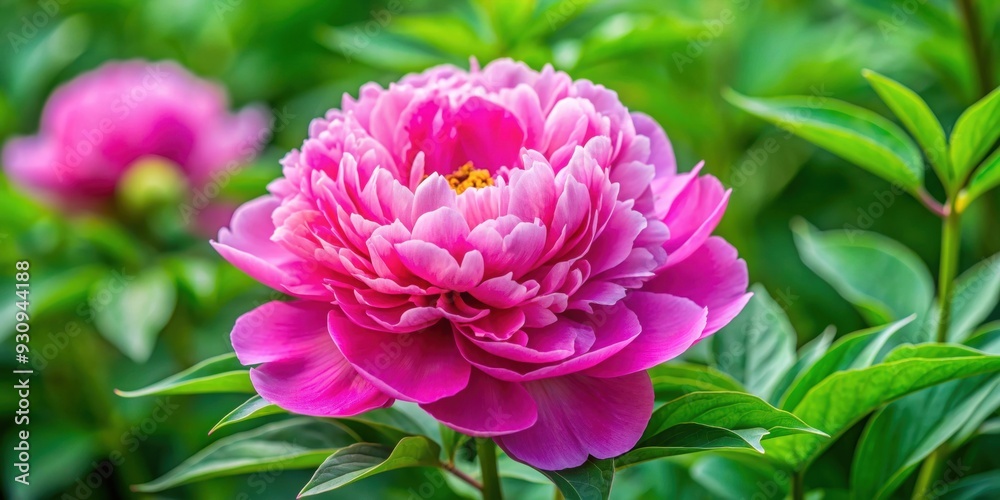 Fototapeta premium Vibrant pink peony flower in full bloom surrounded by green leaves in a garden, peony, flower, pink, bloom, garden, vibrant