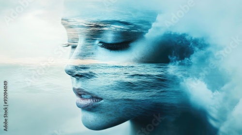 Artistic portrayal blending a serene face with ocean waves, symbolizing beauty, nature, and tranquility in harmony.