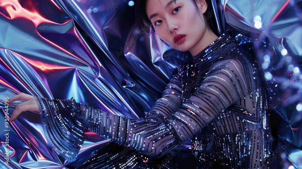 Fototapeta premium Fashionable asian woman sitting in shiny dress against blue background with hands on knees