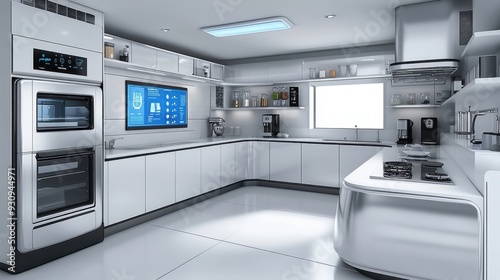 Smart kitchen appliances with interactive touchscreens and voice controls, preparing meals based on dietary preferences, symbolizing FoodTech digitalization, detailed kitchen setting 