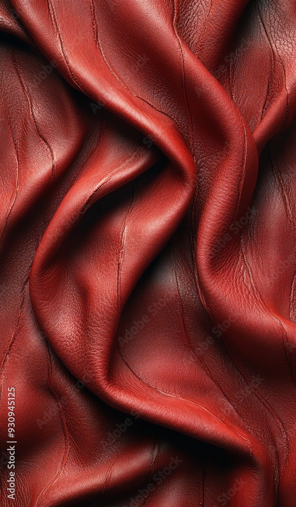 Fototapeta premium The deep red leather pleated artistic texture presents a mysterious and elegant beauty. The deep red hue gives the picture a deep luxurious atmosphere, highlighting the texture and fine texture of the