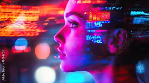 A striking portrait showcasing a woman's face illuminated by vibrant digital colors and abstract patterns, embodying futuristic technology.