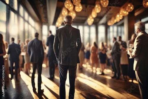Businessman Standing Alone in a Crowd at a Corporate Event