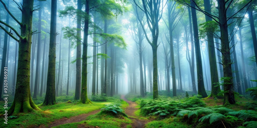 Fototapeta premium Mysterious fir forest shrouded in fog, inviting explorers into a realm of serenity and enchantment, Mysterious, Fir forest