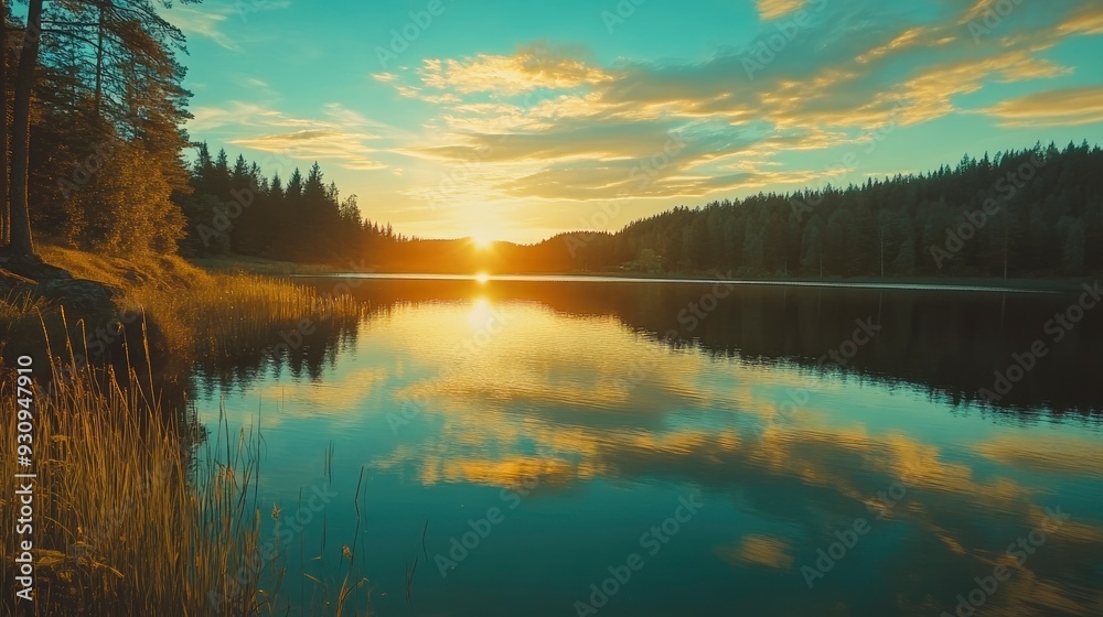 sunset at coast of the lake. Nature landscape. Nature in northern Europe. reflection, blue sky and yellow sunlight. landscape during sunset , ai sunset at coast of the lake. Nature landscape. Nature in northern Europe. reflection, blue sky and yellow sunlight. landscape during sunset , ai