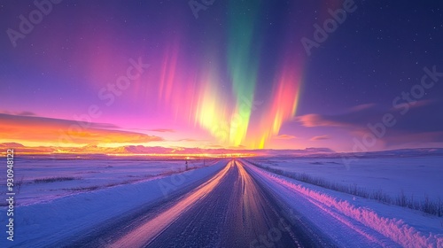 road illuminated by the aurora borealis, with vibrant colors dancing across the night sky and snow