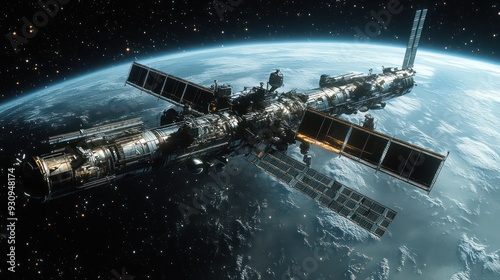 space station orbiting a distant planet with multiple docking ports and solar panel