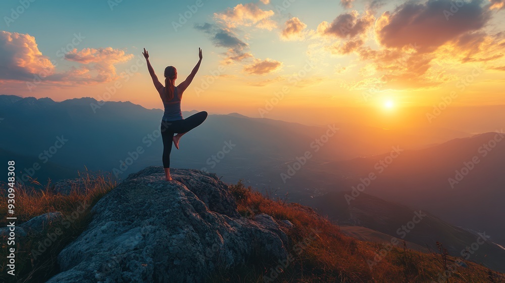 A woman yoga on a mountaintop with sunrise A woman yoga on a mountaintop with sunrise