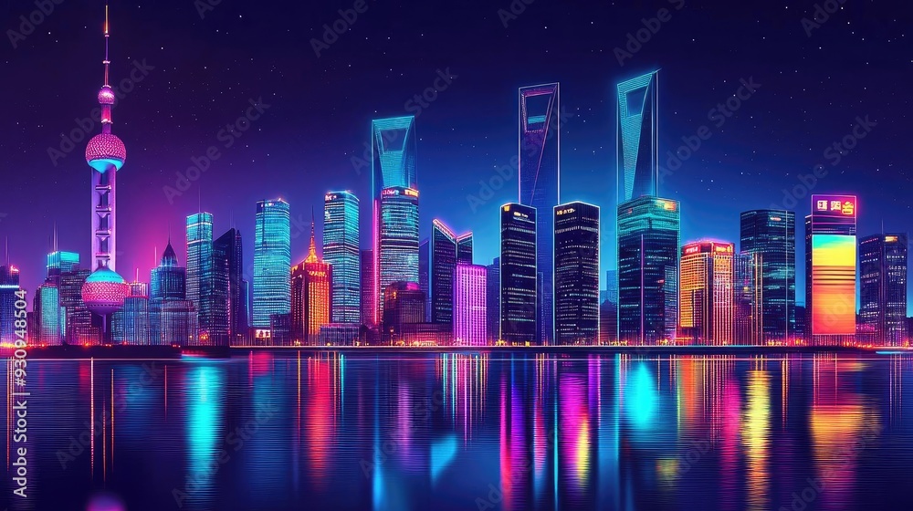 Obraz premium Vibrant city skyline at night, showcasing colorful lights reflecting on water, symbolizing modern architecture and urban life.