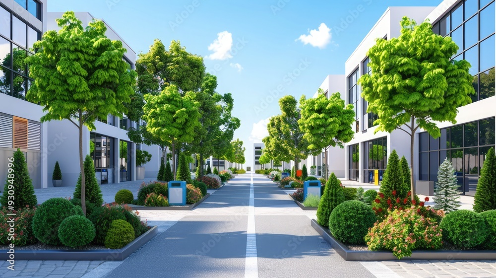 Naklejka premium Modern urban street lined with lush trees and colorful plants, showcasing sustainable landscaping and vibrant city life.